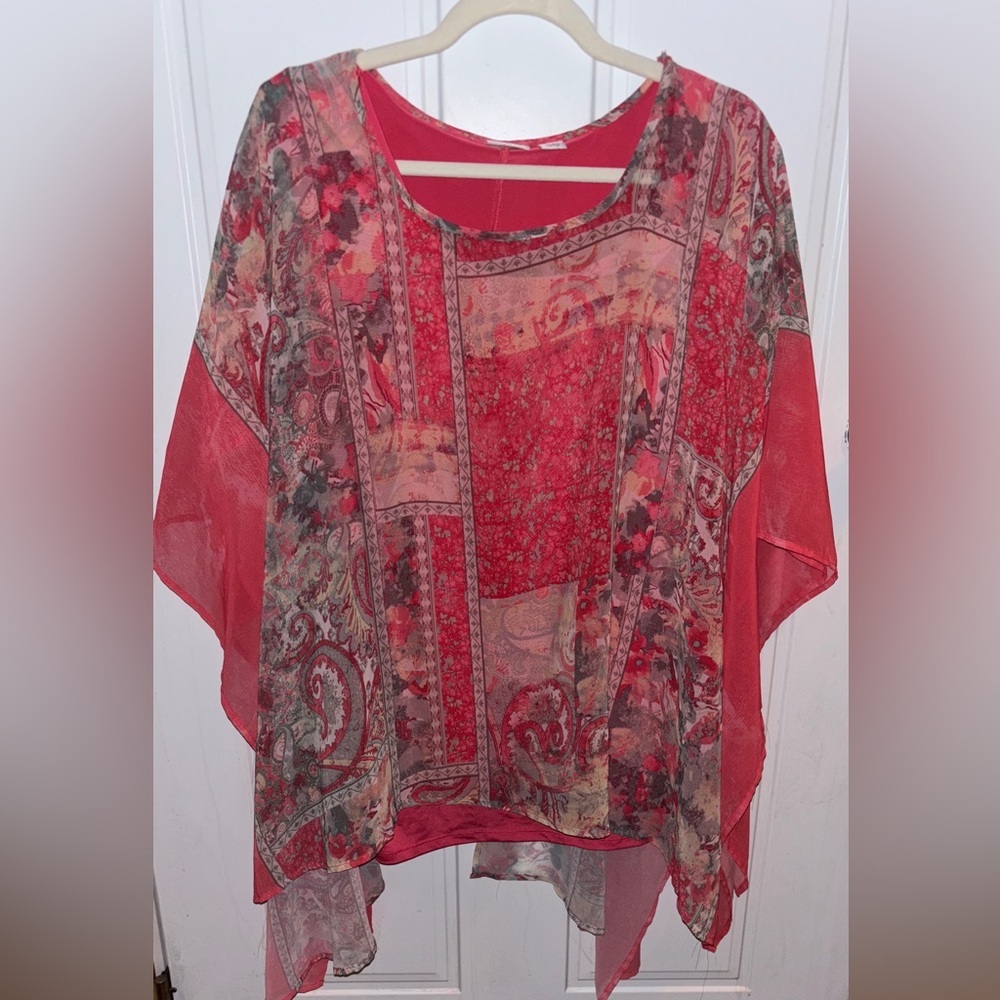 Cato Boho Red & Pink Layered Patchwork Sleeveless Blouse Sz.XL, NWOT